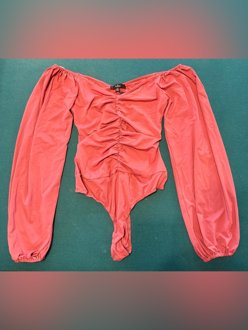 Lulu's Coral Pink Ruched Long Sleeve Off-Shoulder Bodysuit